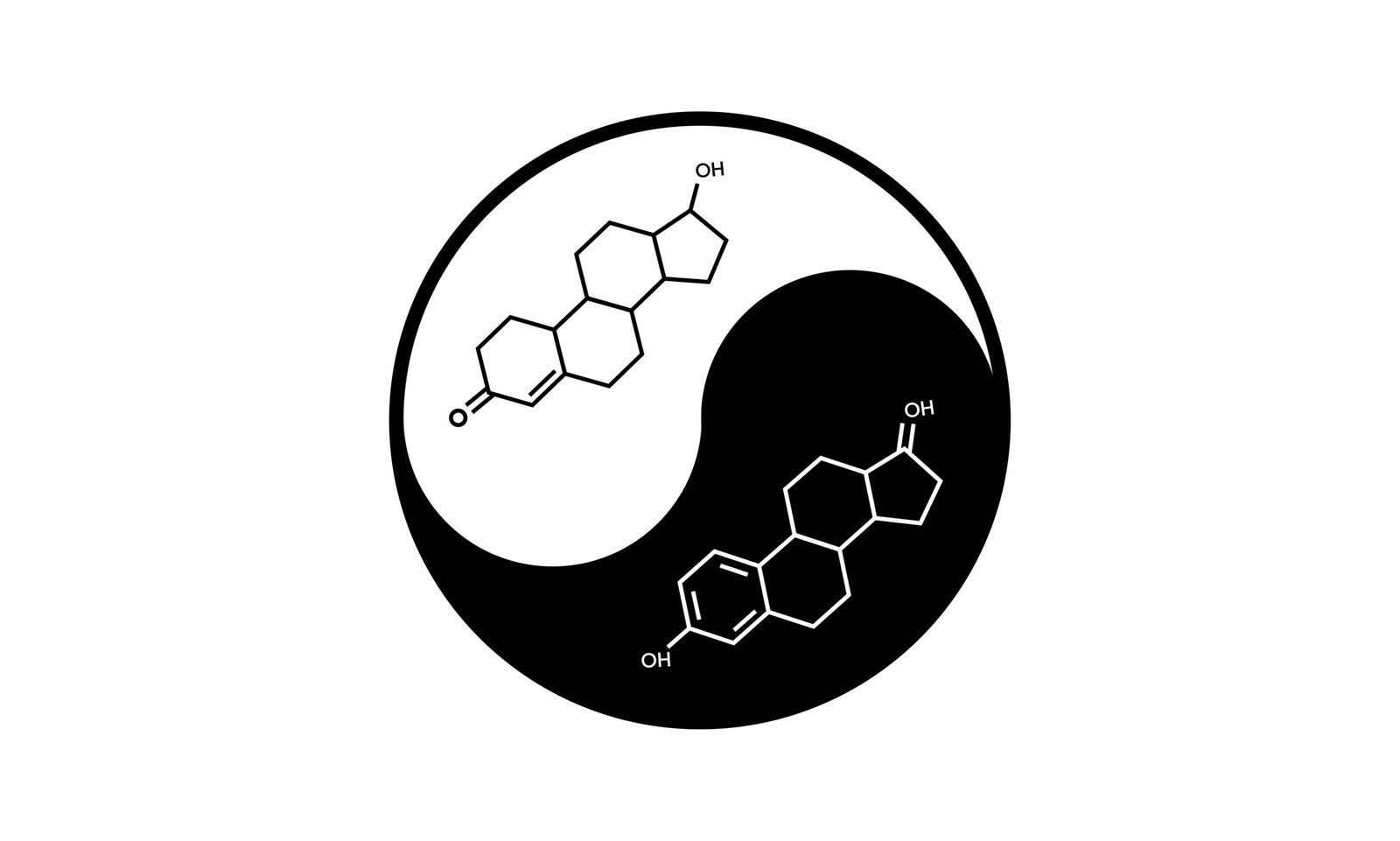 testosterone and estrogen organic molecules representing each side of the ying yang symbol